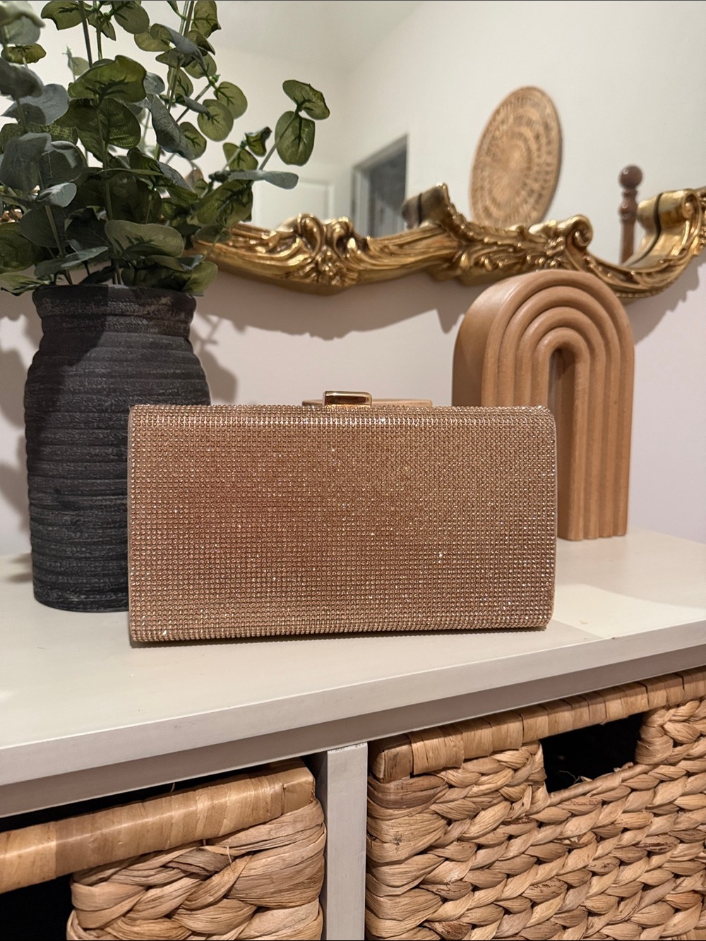 Crystal-Embellished Rose Gold Evening Clutch